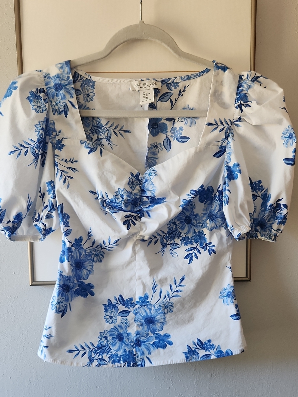 Rachel Zoe Top Cottagecore Floral Blue White Beach Puff Sleeve